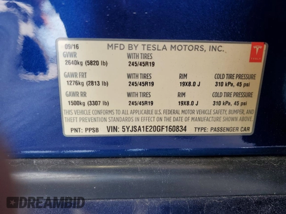 2016 Tesla Model S 90D z VIN 5YJSA1E20GF160834, wystawiony jako Copart lot #61898505 z przebiegiem 131 153 mil mil oraz Szkoda całkowita • Salvage title. Historia ofert i sprzedaży dostępna na DreamBid. Obrazek 12.