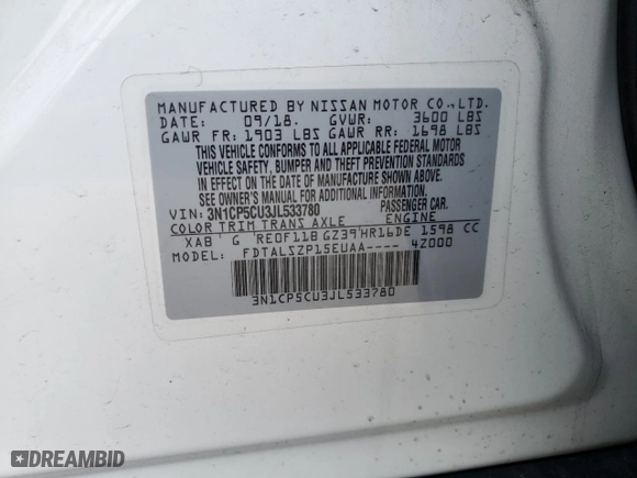 2018 Nissan Kicks SV with VIN 3N1CP5CU3JL533780, listed as a Copart auction lot 47972285 with 44,159 mi miles and Salvage Title. Bid and sale history available at carsss.com. Image 15.