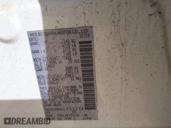 2020 Nissan Rogue S with VIN 5N1AT2MV5LC751171, listed as a IAAI auction lot 42085604 with 114,431 mi miles and . Bid and sale history available at DreamBid. Image 9.