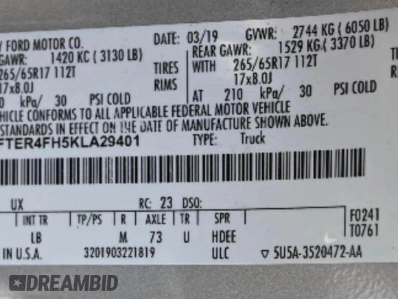 2019 Ford Ranger XL with VIN 1FTER4FH5KLA29401, listed as a Copart auction lot 64990365 with 98,143 mi miles and Salvage title. Bid and sale history available at DreamBid. Image 10.