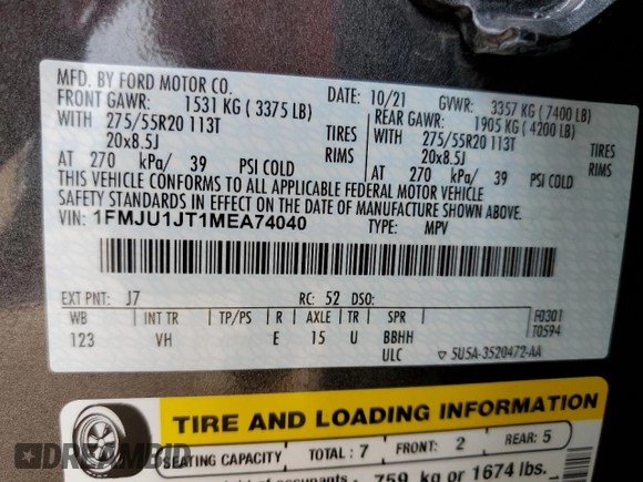 2021 Ford Expedition XLT with VIN 1FMJU1JT1MEA74040, listed as a Copart auction lot 51647813 with 37,221 mi miles. Bid and sale history available at carsss.com. Image 13.