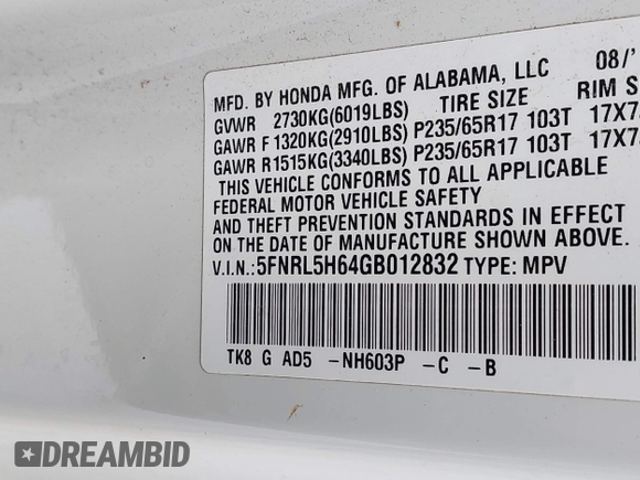 2016 Honda Odyssey EX-L with VIN 5FNRL5H64GB012832, listed as a IAAI auction lot 41881915 with 127,067 mi miles. Bid and sale history available at carsss.com. Image 9.