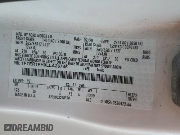 2020 Ford Ranger XL with VIN 1FTER1FH0LLA26745, listed as a Copart auction lot 51099145 with 93,173 mi miles and Salvage title. Bid and sale history available at DreamBid. Image 13.