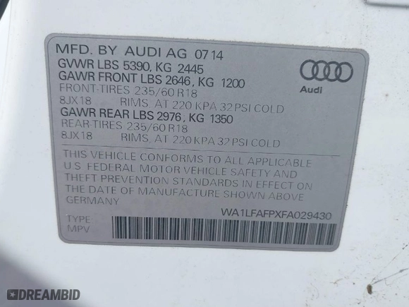 2015 Audi Q5 Premium Plus with VIN WA1LFAFPXFA029430, listed as a IAAI auction lot 41934036 with 115,538 mi miles. Bid and sale history available at carsss.com. Image 9.