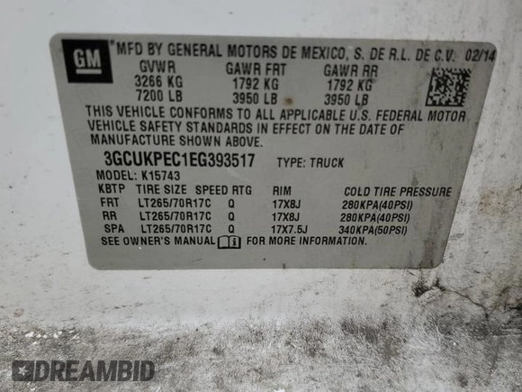 2014 Chevrolet Silverado 1500 Work Truck with VIN 3GCUKPEC1EG393517, listed as a Copart auction lot 51226135 with 192,487 mi miles and Clean Title. Bid and sale history available at carsss.com. Image 12.