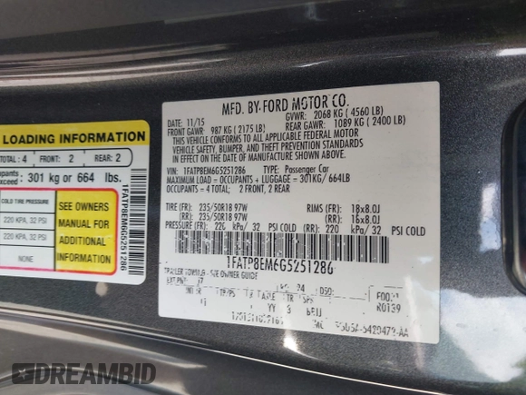2016 Ford Mustang V6 with VIN 1FATP8EM6G5251286, listed as a IAAI auction lot 42067157 with 85,106 mi miles and . Bid and sale history available at DreamBid. Image 9.