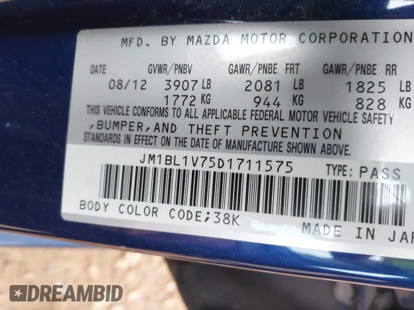 2013 Mazda 3 i Touring with VIN JM1BL1V75D1711575, listed as a IAAI auction lot 41512480 with 131,858 mi miles and . Bid and sale history available at DreamBid. Image 9.