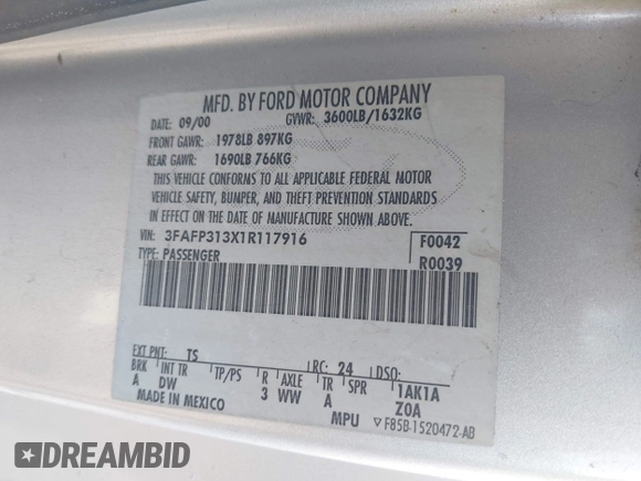 2001 Ford Focus ZX3 with VIN 3FAFP313X1R117916, listed as a IAAI auction lot 42123596 with 88,599 mi miles and . Bid and sale history available at DreamBid. Image 9.