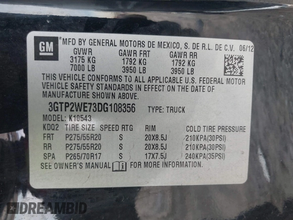 2013 GMC Sierra 1500 SLT with VIN 3GTP2WE73DG108356, listed as a IAAI auction lot 41598358 with Not provided miles and . Bid and sale history available at DreamBid. Image 9.