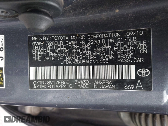 2010 Toyota Prius II with VIN JTDKN3DU8A0226653, listed as a IAAI auction lot 42074156 with 236,589 mi miles. Bid and sale history available at carsss.com. Image 9.