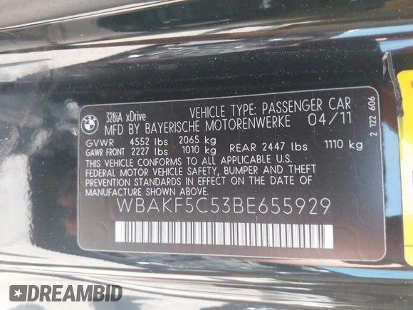 2011 BMW 3 Series 328i xDrive with VIN WBAKF5C53BE655929, listed as a IAAI auction lot 42658202 with 86,774 mi miles and . Bid and sale history available at DreamBid. Image 9.