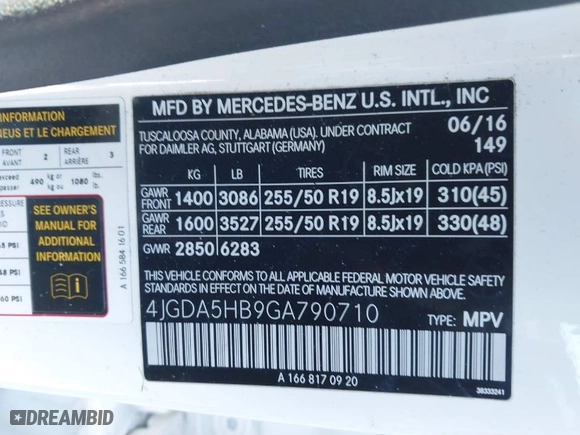 2016 Mercedes-Benz GLE with VIN 4JGDA5HB9GA790710, listed as a IAAI auction lot 41417751 with 82,673 mi miles. Bid and sale history available at carsss.com. Image 9.