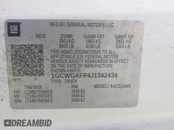 2018 Chevrolet Express Cargo with VIN 1GCWGAFP4J1342434, listed as a IAAI auction lot 42018086 with 149,934 mi miles and . Bid and sale history available at DreamBid. Image 9.