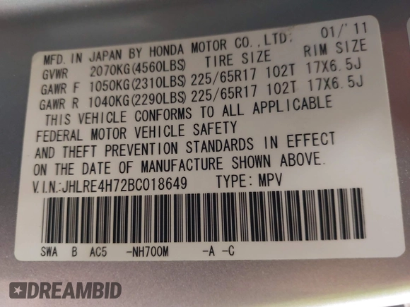 2011 Honda CR-V EX-L with VIN JHLRE4H72BC018649, listed as a IAAI auction lot 42104935 with 217,069 mi miles and . Bid and sale history available at carsss.com. Image 9.