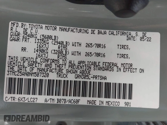 2022 Toyota Tacoma SR with VIN 3TMCZ5AN0NM507320, listed as a IAAI auction lot 42220296 with 33,342 mi miles and . Bid and sale history available at DreamBid. Image 9.