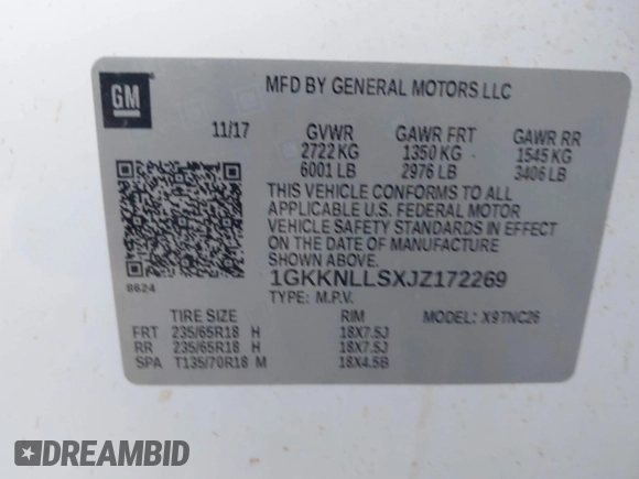 2018 GMC Acadia SLE with VIN 1GKKNLLSXJZ172269, listed as a IAAI auction lot 40901737 with 86,641 mi miles and . Bid and sale history available at DreamBid. Image 9.