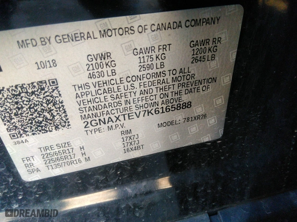2019 Chevrolet Equinox LT with VIN 2GNAXTEV7K6165888, listed as a IAAI auction lot 41758180 with 119,954 mi miles. Bid and sale history available at carsss.com. Image 9.