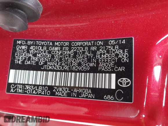2014 Toyota Prius Four with VIN JTDKN3DU9E1829059, listed as a IAAI auction lot 42007022 with 71,854 mi miles. Bid and sale history available at carsss.com. Image 9.