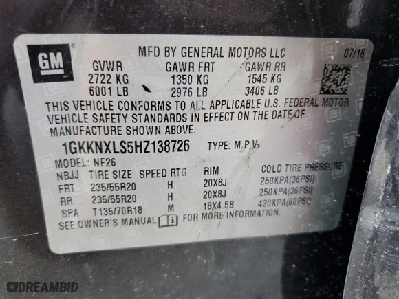 2017 GMC Acadia Denali with VIN 1GKKNXLS5HZ138726, listed as a Copart auction lot 85706874 with 94,087 mi miles and Salvage Title. Bid and sale history available at carsss.com. Image 16.