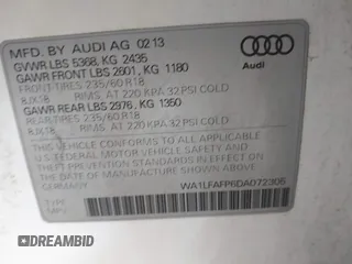 2013 Audi Q5 Premium Plus z VIN WA1LFAFP6DA072305, wystawiony jako IAAI lot #42574865 z przebiegiem 154 531 mil mil oraz . Historia ofert i sprzedaży dostępna na DreamBid. Obrazek 9.