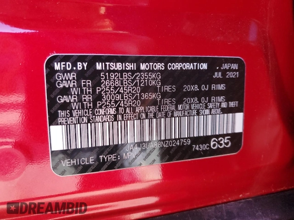 2022 Mitsubishi Outlander SE z VIN JA4J3UA88NZ024759, wystawiony jako Copart lot #53367175 z przebiegiem 18 558 mil mil oraz Szkoda całkowita • Salvage title. Historia ofert i sprzedaży dostępna na DreamBid. Obrazek 13.