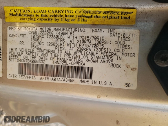 2011 Toyota Tacoma with VIN 5TFTX4CN7BX006332, listed as a Copart auction lot 44001785 with 202,992 mi miles and Salvage title. Bid and sale history available at DreamBid. Image 12.
