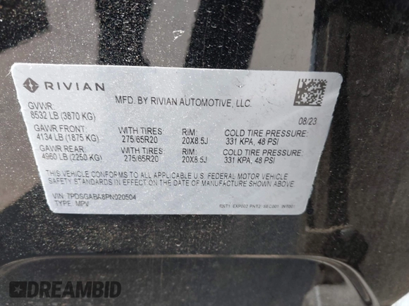 2023 Rivian R1S Adventure z VIN 7PDSGABA8PN020504, wystawiony jako IAAI lot #42025341 z przebiegiem 5989 mil mil oraz . Historia ofert i sprzedaży dostępna na DreamBid. Obrazek 9.