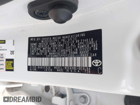 2023 Toyota Corolla LE z VIN 5YFB4MDE5PP013305, wystawiony jako IAAI lot #42344247 z przebiegiem 55 854 mil mil oraz . Historia ofert i sprzedaży dostępna na DreamBid. Obrazek 9.