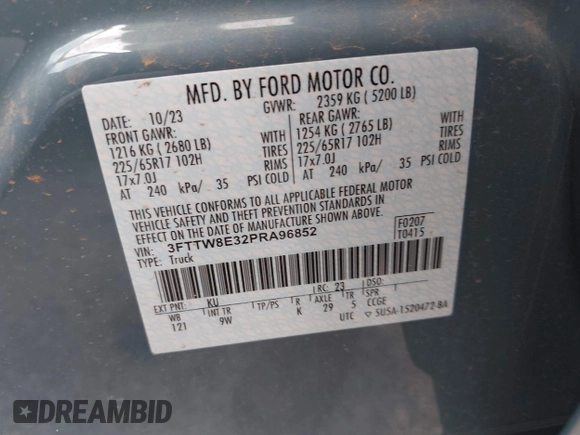 2023 Ford Maverick XL z VIN 3FTTW8E32PRA96852, wystawiony jako IAAI lot #42496446 z przebiegiem 14 486 mil mil oraz . Historia ofert i sprzedaży dostępna na DreamBid. Obrazek 9.