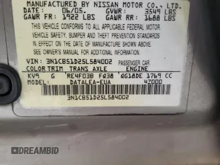 2005 Nissan Sentra 1.8 with VIN 3N1CB51D25L584002, listed as a Copart auction lot 81814474 with Not Provided miles and Salvage Title. Bid and sale history available at DreamBid. Image 14.