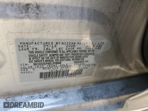 2014 Nissan Note S Plus with VIN 3N1CE2CP4EL378550, listed as a Copart auction lot 62903395 with 186,756 mi miles and Clean title. Bid and sale history available at DreamBid. Image 13.