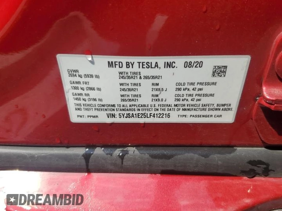 2020 Tesla Model S Long Range with VIN 5YJSA1E25LF412216, listed as a Copart auction lot 62078295 with 45,384 mi miles and Salvage title. Bid and sale history available at DreamBid. Image 13.