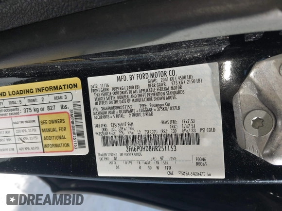 2017 Ford Fusion SE with VIN 3FA6P0HD8HR251153, listed as a IAAI auction lot 41580390 with 109,758 mi miles. Bid and sale history available at carsss.com. Image 9.