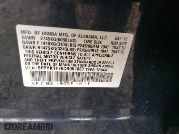 2012 Honda Ridgeline Sport z VIN 5FPYK1F76CB001867, wystawiony jako Copart lot #57944775 z przebiegiem 92 900 mil mil oraz Szkoda całkowita • Salvage title. Historia ofert i sprzedaży dostępna na DreamBid. Obrazek 13.