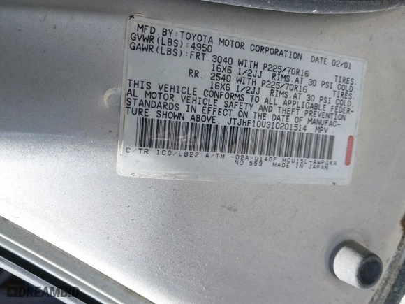 2001 Lexus RX 300 with VIN JTJHF10U310201514, listed as a IAAI auction lot 41718627 with 171,195 mi miles. Bid and sale history available at carsss.com. Image 9.