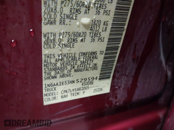 2017 Nissan Titan SV with VIN 1N6AA1E53HN529594, listed as a IAAI auction lot 41479406 with 121,715 mi miles and . Bid and sale history available at DreamBid. Image 9.