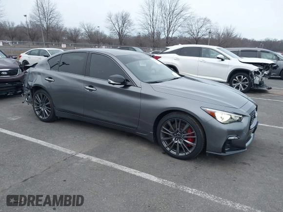 2021 Infiniti Q50 Red Sport 400 with VIN JN1FV7DR9MM880162, listed as a IAAI auction lot 41244912 with 44,943 mi miles and . Bid and sale history available at DreamBid. Image 1.