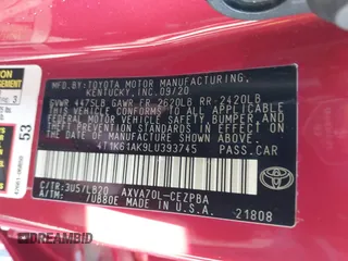 2020 Toyota Camry XSE with VIN 4T1K61AK9LU393745, listed as a IAAI auction lot 40965358 with 51,120 mi miles and . Bid and sale history available at DreamBid. Image 9.