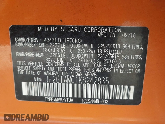 2019 Subaru Crosstrek Limited with VIN JF2GTAMC1K8242835, listed as a IAAI auction lot 41855421 with 116,309 mi miles. Bid and sale history available at carsss.com. Image 9.
