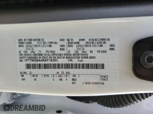 2024 Ford F-250 XL with VIN 1FT7W2BA4REF18353, listed as a Copart auction lot 59164945 with 15,155 mi miles and Salvage title. Bid and sale history available at DreamBid. Image 12.