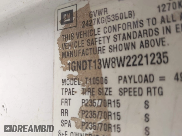 1998 Chevrolet Blazer LS z VIN 1GNDT13W8W2221235, wystawiony jako IAAI lot #42306008 z przebiegiem 245 556 mil mil oraz . Historia ofert i sprzedaży dostępna na DreamBid. Obrazek 9.