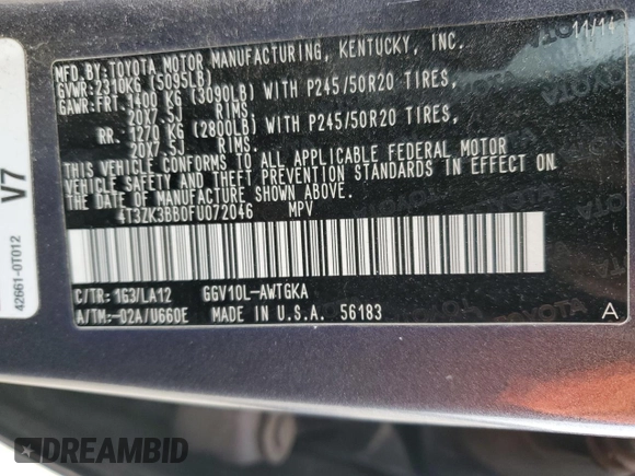 2015 Toyota Venza XLE with VIN 4T3ZK3BB0FU072046, listed as a Copart auction lot 45370205 with 184,814 mi miles and Salvage title. Bid and sale history available at DreamBid. Image 16.