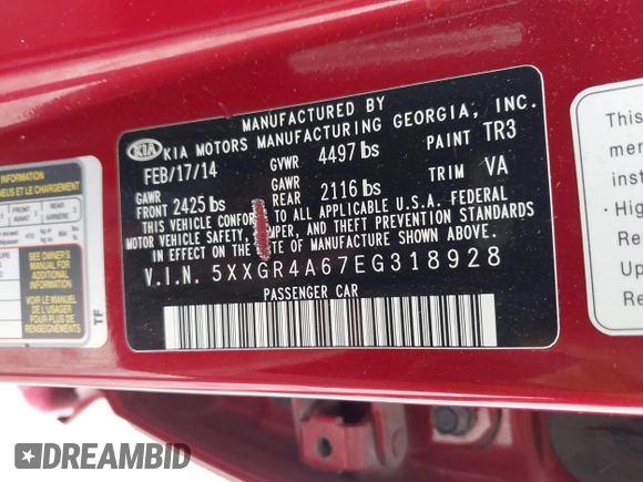 2014 Kia Optima SXL Turbo with VIN 5XXGR4A67EG318928, listed as a IAAI auction lot 42803294 with 151,213 mi miles and . Bid and sale history available at DreamBid. Image 9.