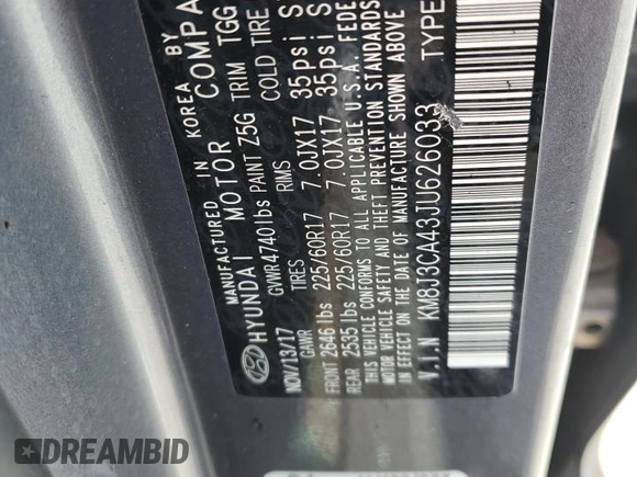 2018 Hyundai Tucson SEL with VIN KM8J3CA43JU626033, listed as a Copart auction lot 59894065 with Not provided miles and Clean title. Bid and sale history available at DreamBid. Image 13.