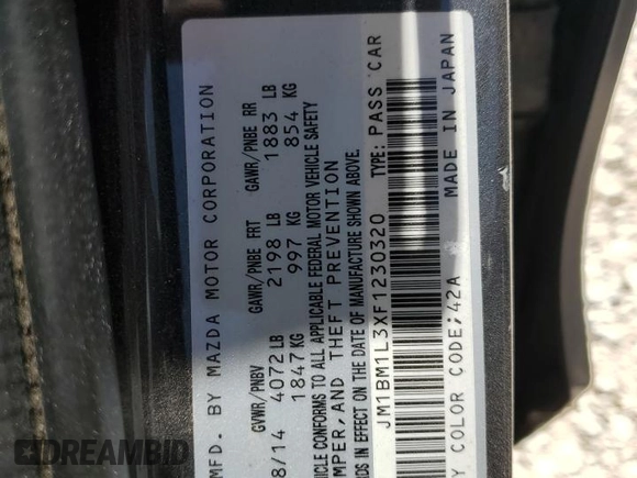 2015 Mazda 3 S Touring with VIN JM1BM1L3XF1230320, listed as a Copart auction lot 63292425 with 125,942 mi miles and Salvage title. Bid and sale history available at DreamBid. Image 12.