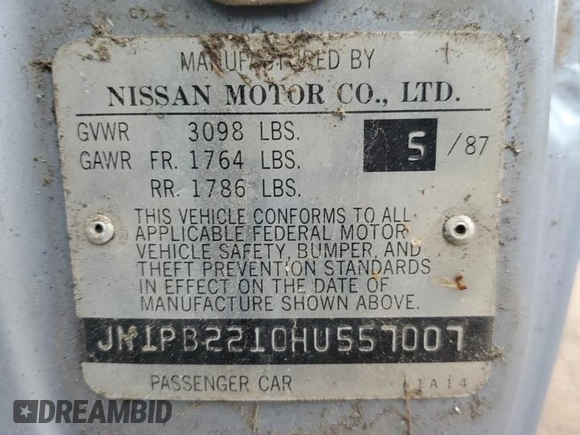 1987 Nissan Sentra z VIN JN1PB2210HU557007, wystawiony jako Copart lot #68174784 z przebiegiem 150 316 mil mil oraz Czysty tytuł • Clean title. Historia ofert i sprzedaży dostępna na DreamBid. Obrazek 12.