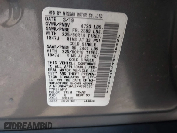2019 Nissan Rogue SV with VIN JN8AT2MV2KW396353, listed as a IAAI auction lot 41936629 with 110,663 mi miles. Bid and sale history available at carsss.com. Image 9.