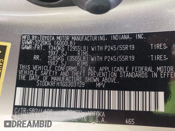 2016 Toyota Highlander Limited with VIN 5TDDKRFH1GS303129, listed as a IAAI auction lot 42112630 with 144,049 mi miles and . Bid and sale history available at DreamBid. Image 9.