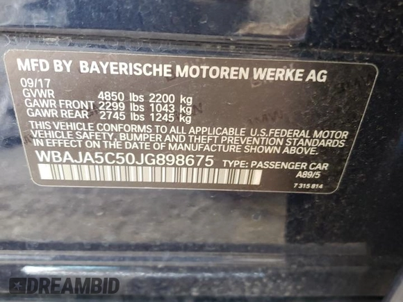 2018 BMW 5 Series 530i z VIN WBAJA5C50JG898675, wystawiony jako Copart lot #51188145 z przebiegiem Nie podano mil oraz Szkody całkowita. Historia ofert i sprzedaży dostępna na DreamBid. Obrazek 14.