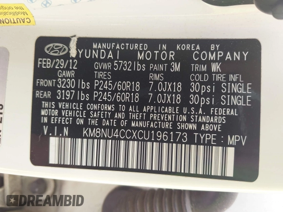 2012 Hyundai Veracruz Limited with VIN KM8NU4CCXCU196173, listed as a IAAI auction lot 42255006 with 154,137 mi miles and . Bid and sale history available at DreamBid. Image 9.